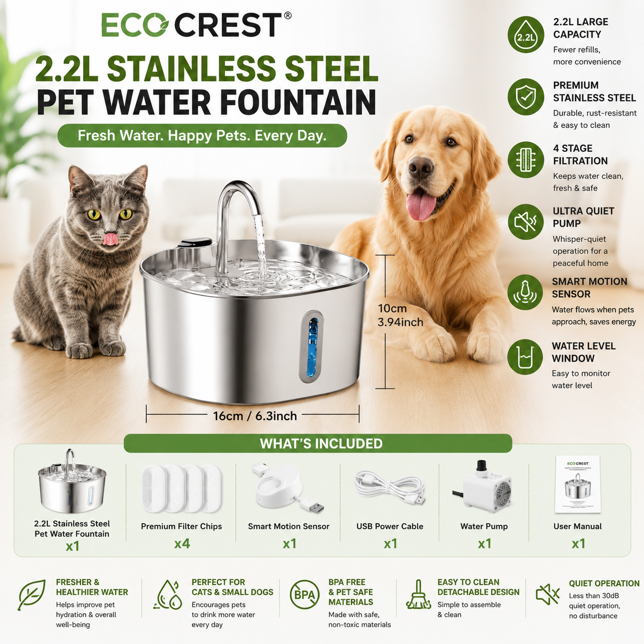 ECO CREST - 2.2L Stainless Steel Pet Water Fountain