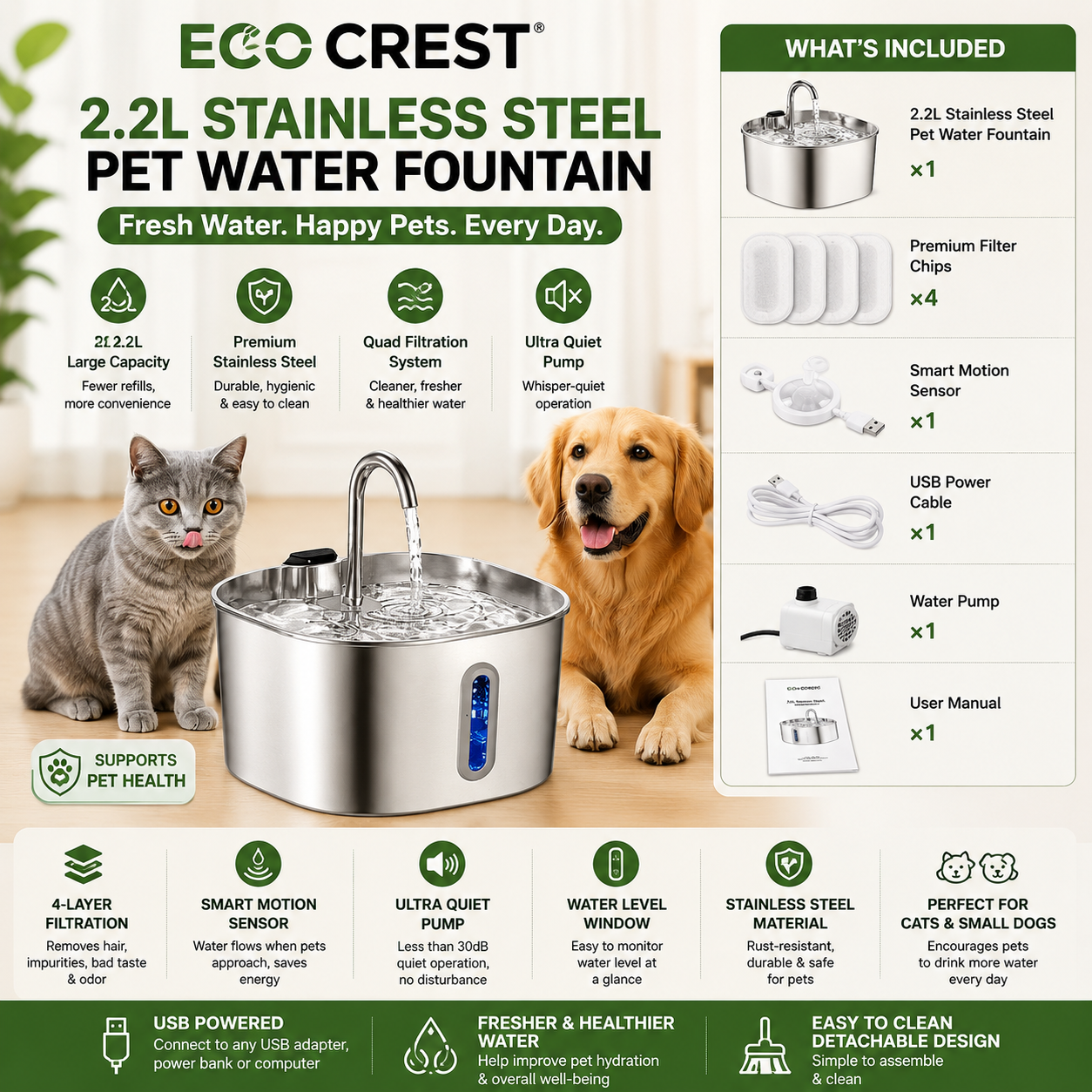 ECO CREST - 2.2L Stainless Steel Pet Water Fountain