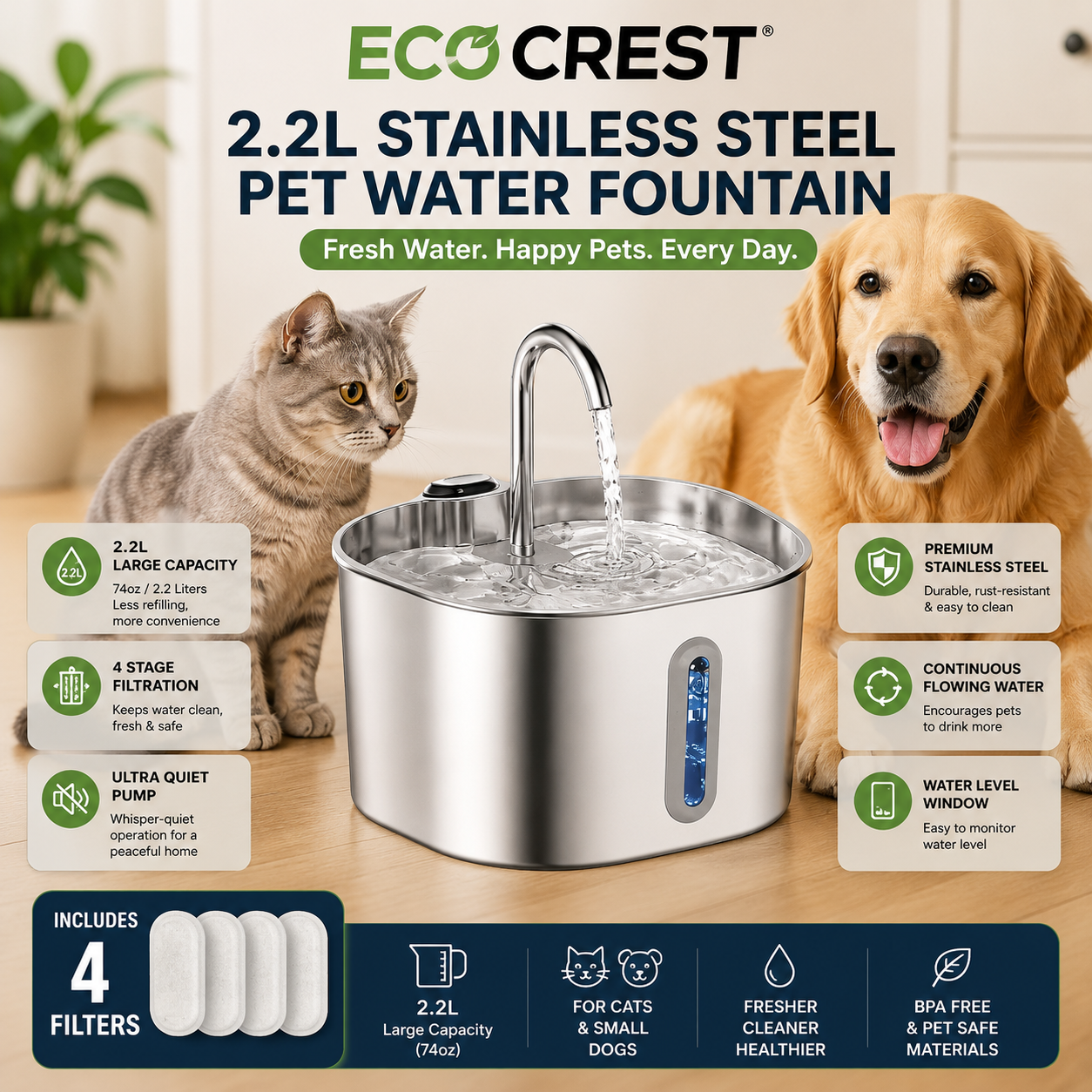 ECO CREST - 2.2L Stainless Steel Pet Water Fountain