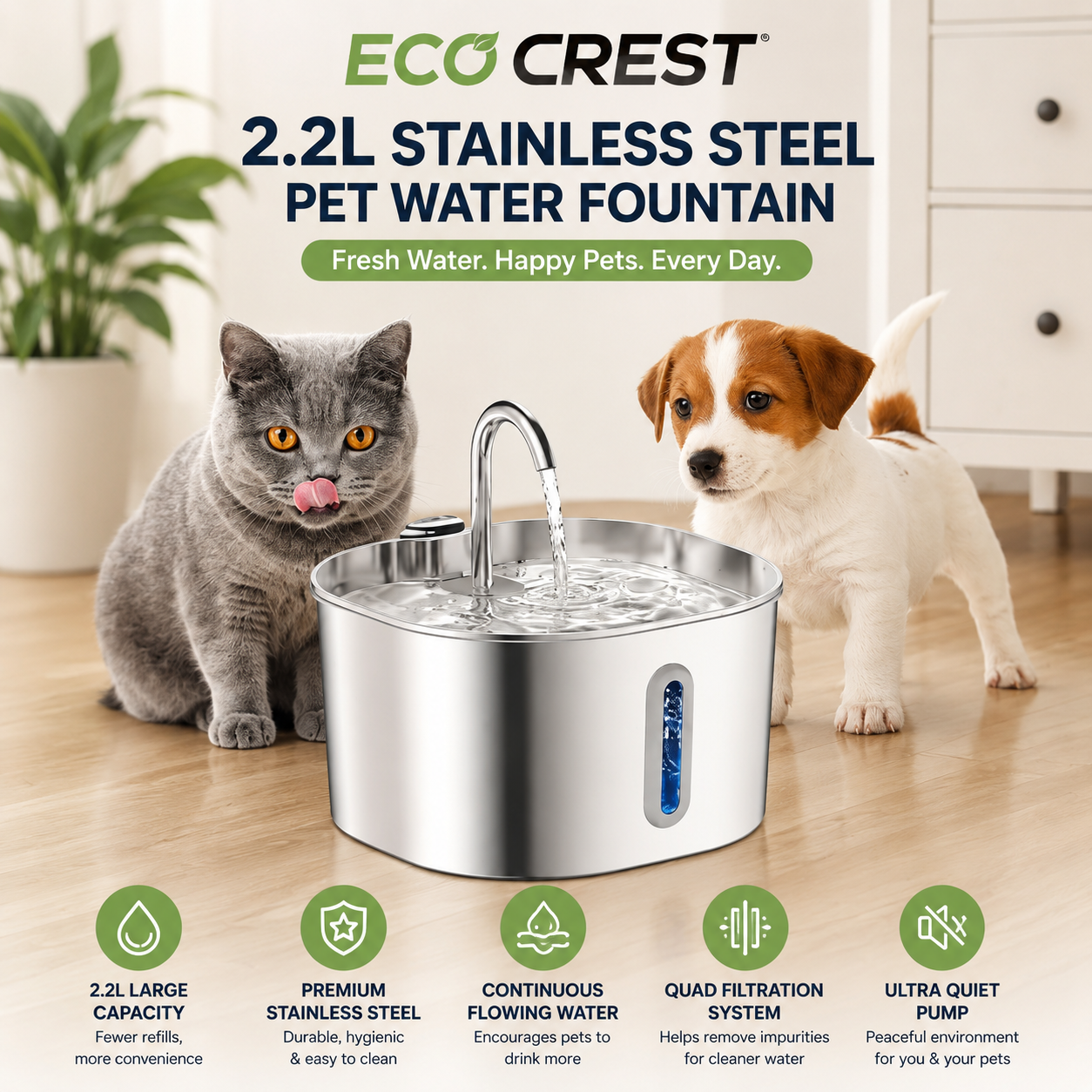 ECO CREST - 2.2L Stainless Steel Pet Water Fountain