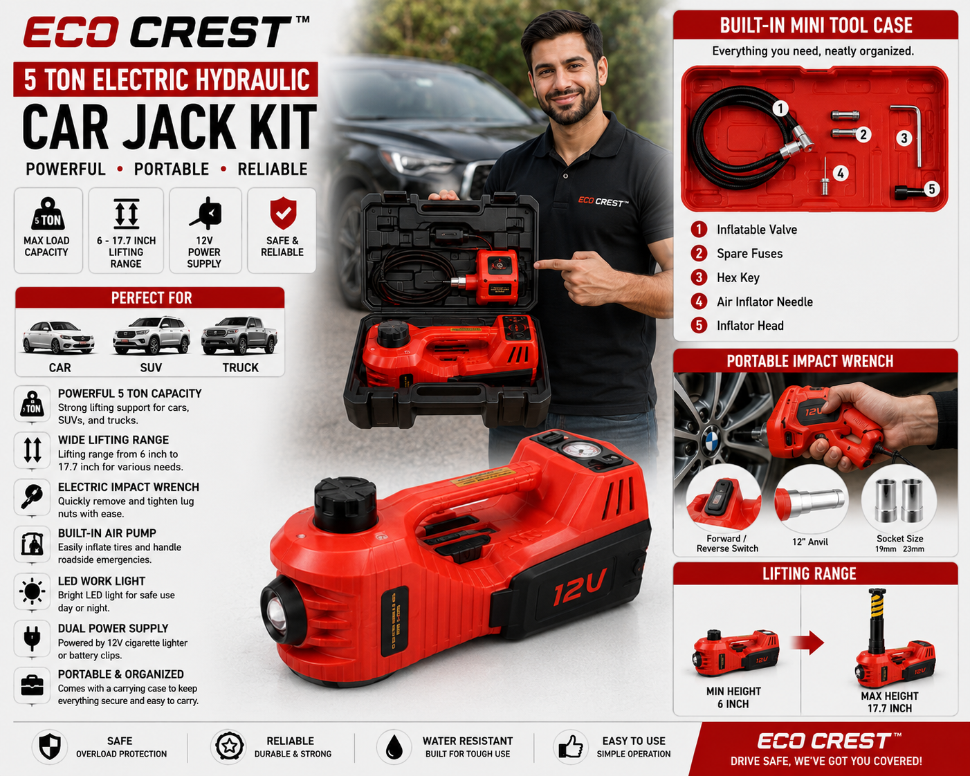 ECO CREST - 5-Ton Electric Hydraulic Car Jack Kit