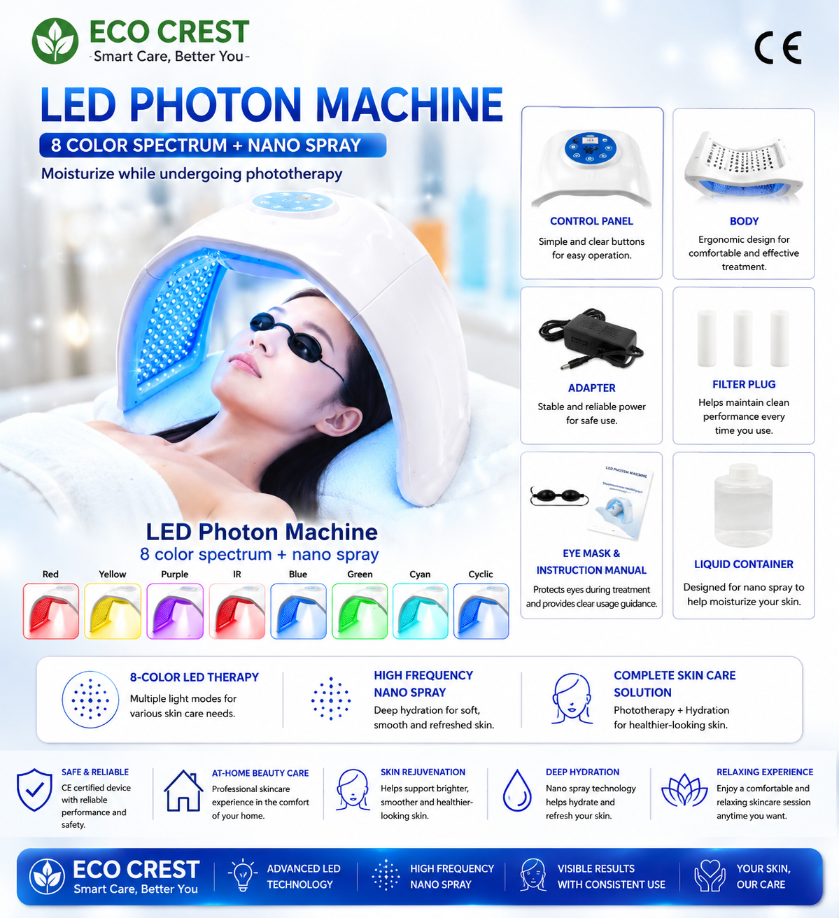 ECO CREST- 8-Color LED Face Therapy Mask – Skin Rejuvenation Device