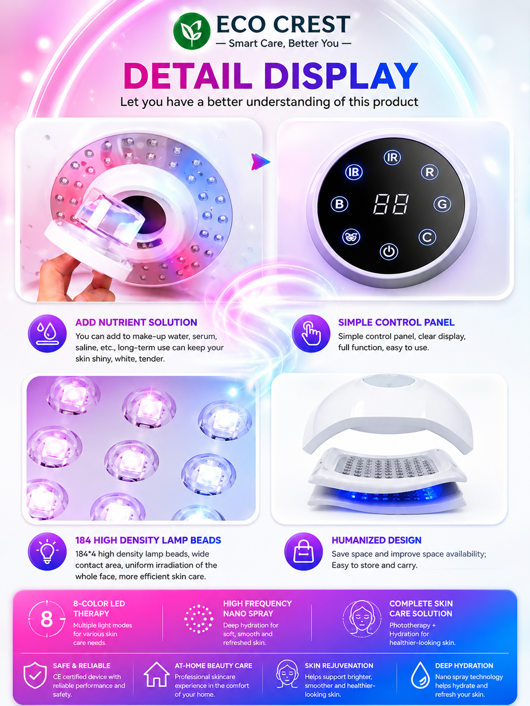 ECO CREST- 8-Color LED Face Therapy Mask – Skin Rejuvenation Device