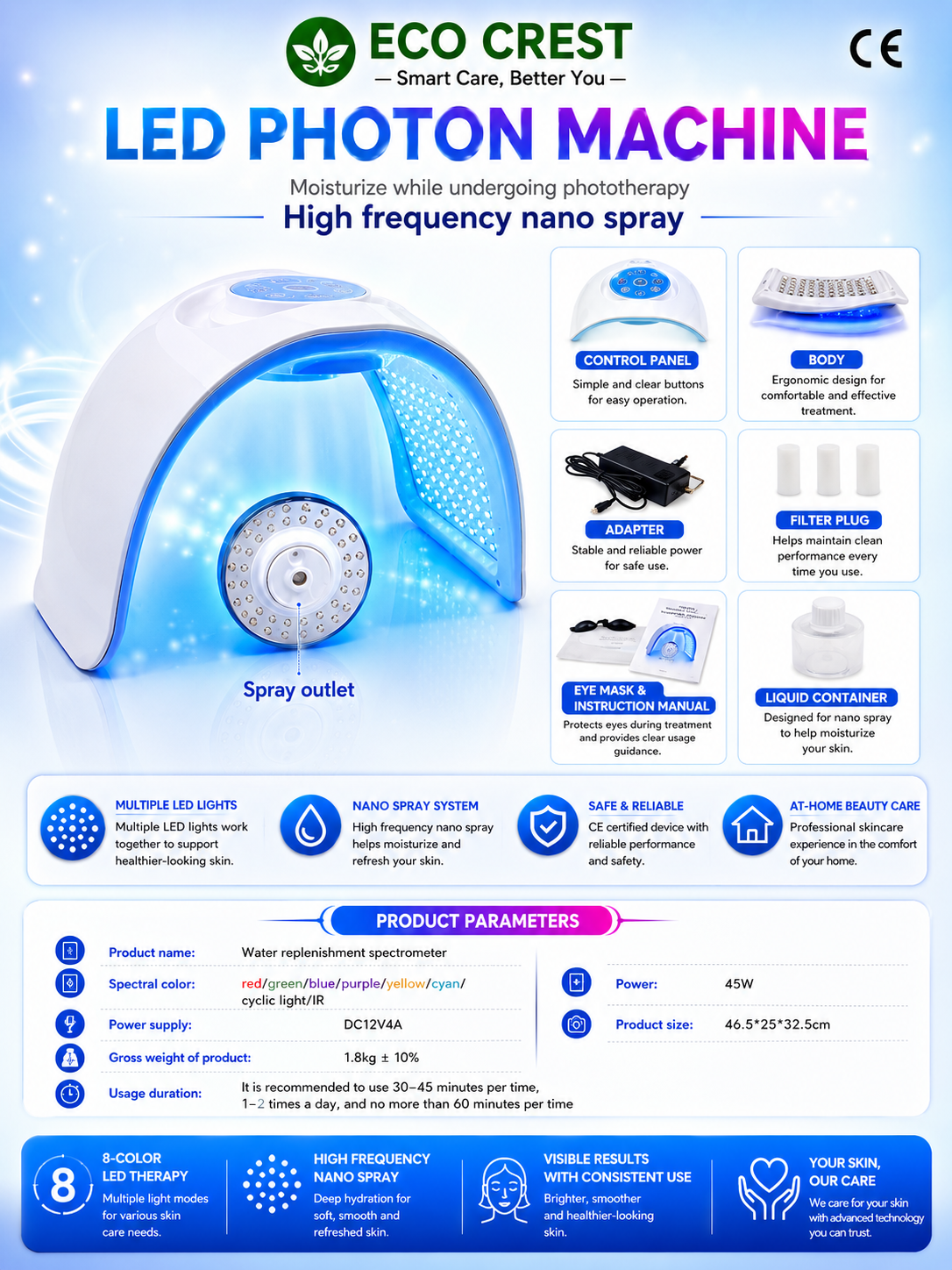 ECO CREST- 8-Color LED Face Therapy Mask – Skin Rejuvenation Device