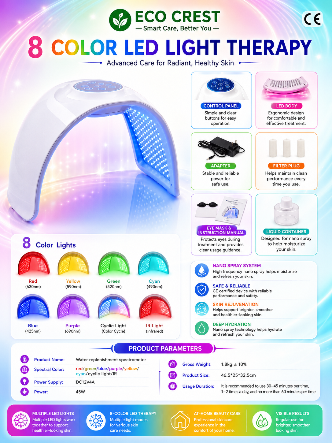 ECO CREST- 8-Color LED Face Therapy Mask – Skin Rejuvenation Device