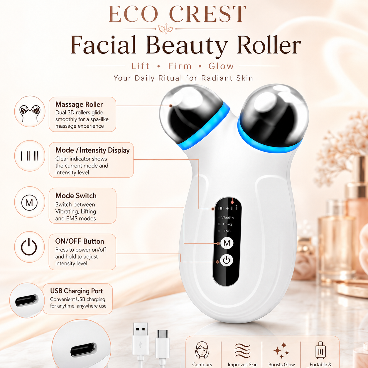 ECO CREST - Dual Head Microcurrent Facial Massager