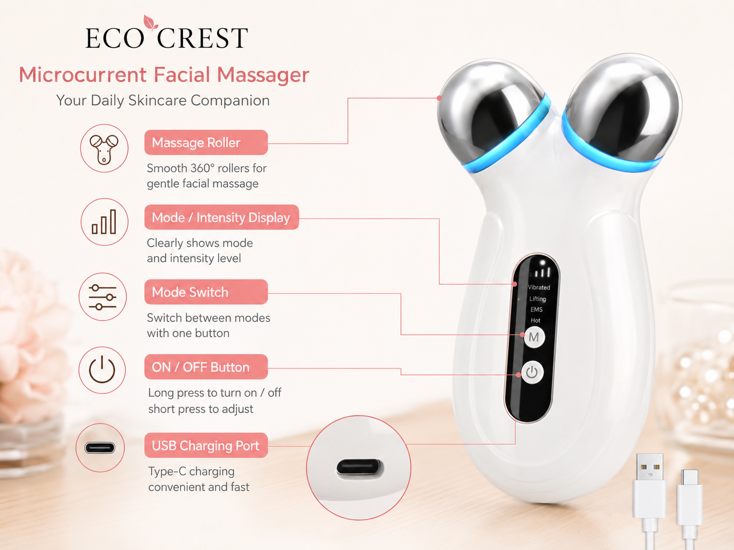 ECO CREST - Dual Head Microcurrent Facial Massager