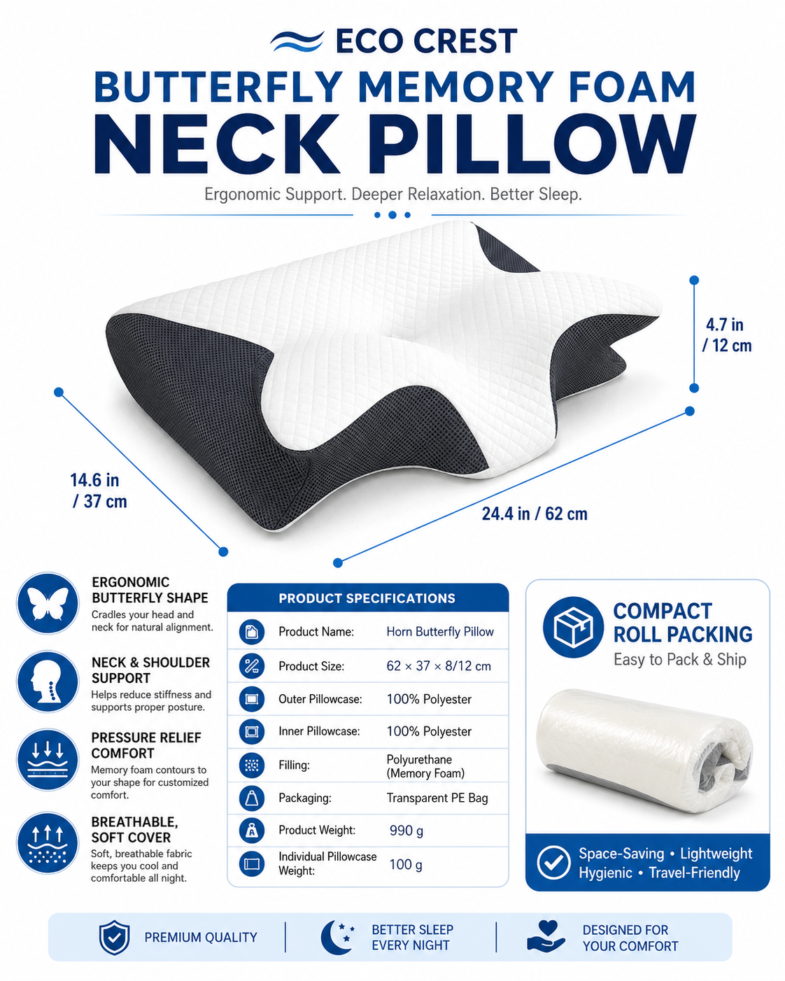 ECO CREST -Butterfly Contour Memory Foam Neck Pillow