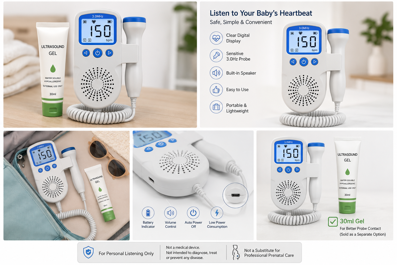 ECO CREST - Portable Fetal Doppler Listening Device - Blue 3.0Hz Device - 30ml Ultrasound Gel