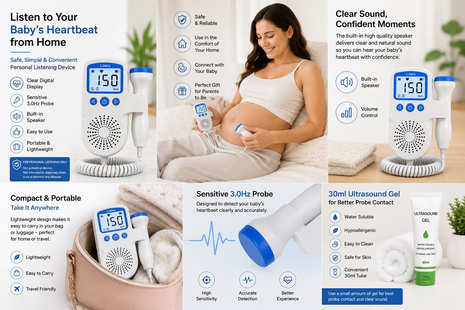 ECO CREST - Portable Fetal Doppler Listening Device - Blue 3.0Hz Device - 30ml Ultrasound Gel
