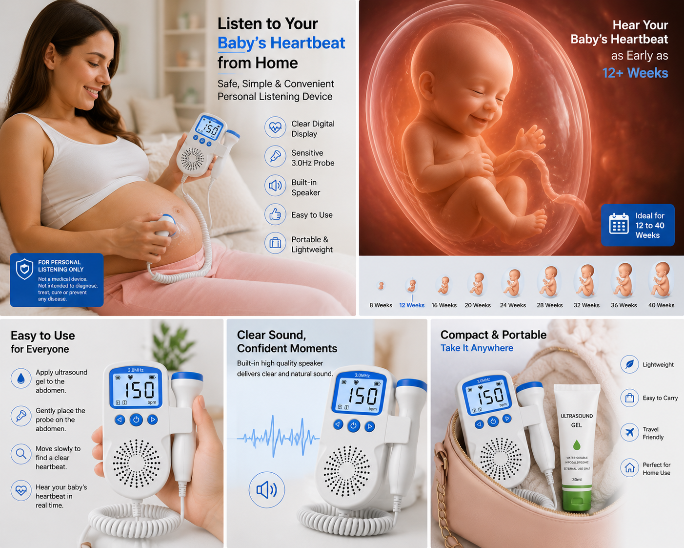 ECO CREST - Portable Fetal Doppler Listening Device - Blue 3.0Hz Device - 30ml Ultrasound Gel