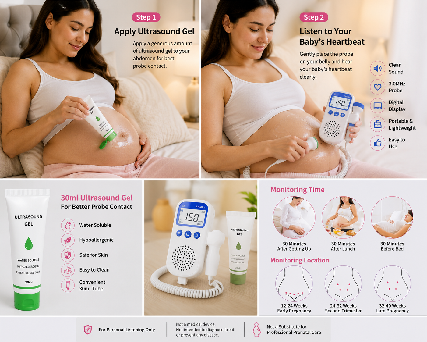 ECO CREST - Portable Fetal Doppler Listening Device - Blue 3.0Hz Device - 30ml Ultrasound Gel
