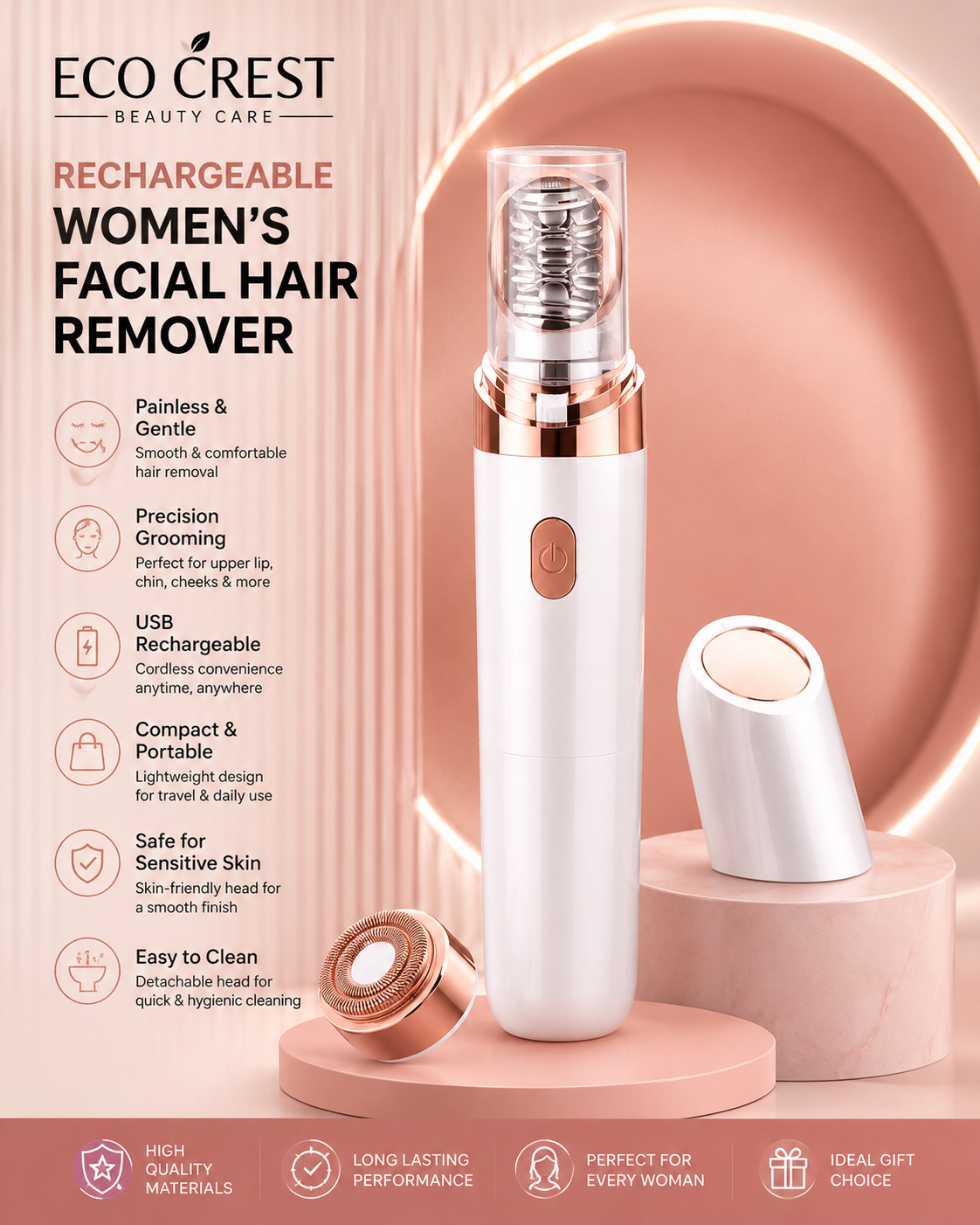 ECO CREST - Rechargeable Women's Facial Hair Remover