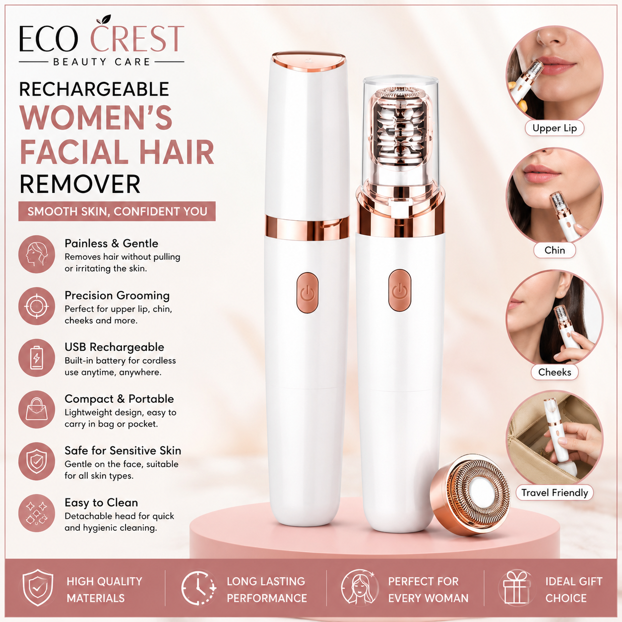 ECO CREST - Rechargeable Women's Facial Hair Remover