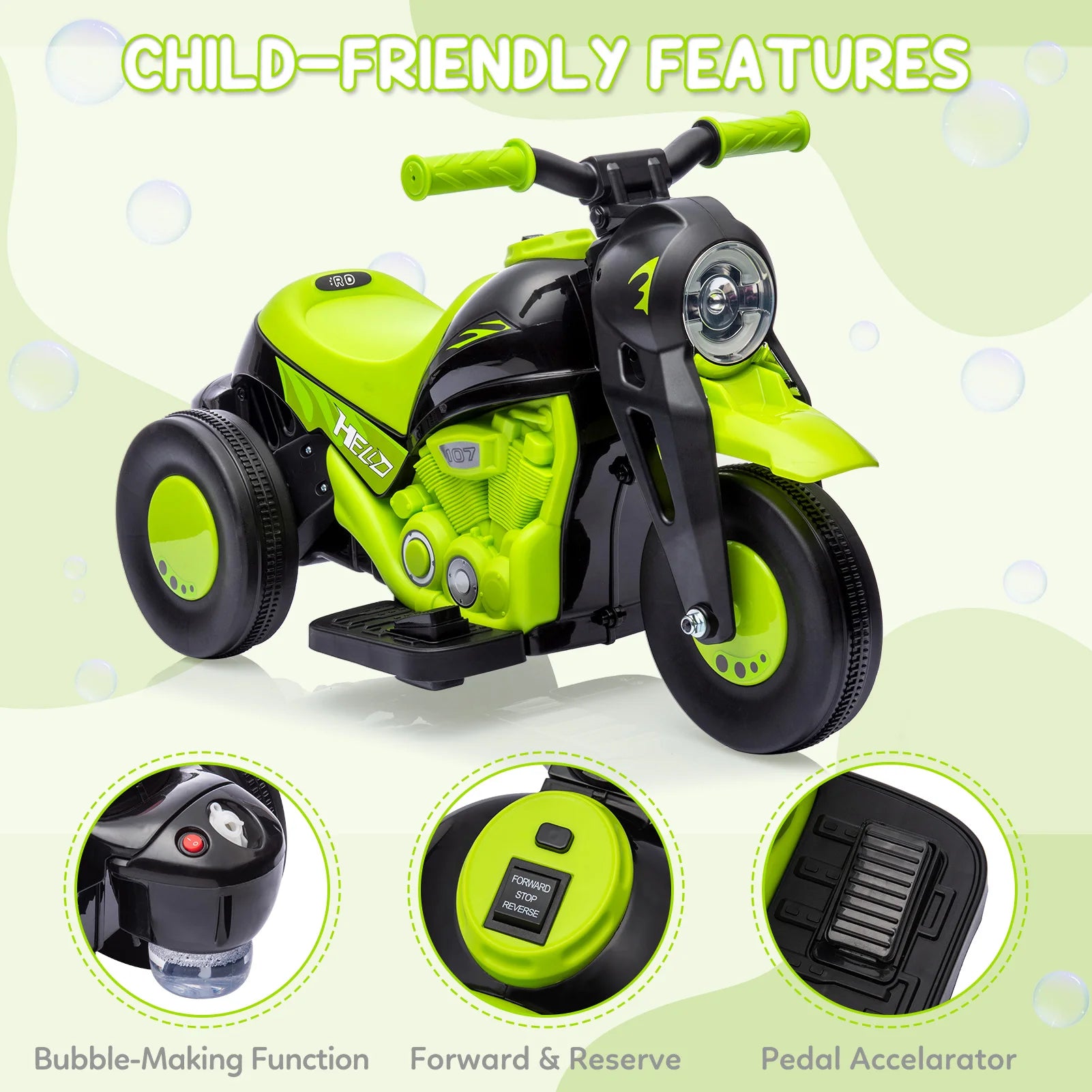 ECO CREST - 6V Kids Electric Ride-On Motorcycle with Bubble Machine