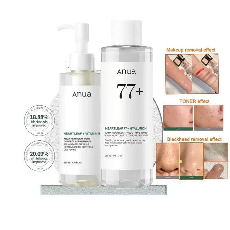 Korean ANUA Heartleaf Set 77 Soothing Acne Toner,Daily Lotion,Deep Cleansing Foam and Facial Cleansing Oil Skincare Products Set