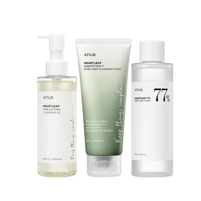 Korean ANUA Heartleaf Set 77 Soothing Acne Toner,Daily Lotion,Deep Cleansing Foam and Facial Cleansing Oil Skincare Products Set