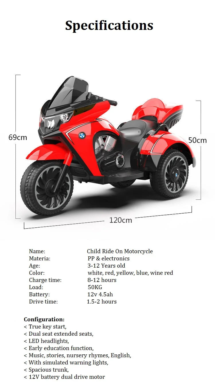 ECO CREST - 12V Electric Ride-On Motorcycle Tricycle for Kids Ages 3-12