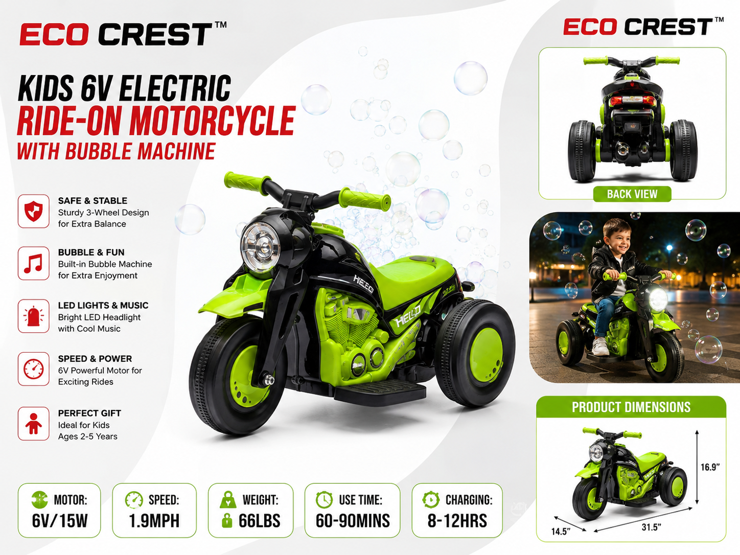ECO CREST - 6V Kids Electric Ride-On Motorcycle with Bubble Machine