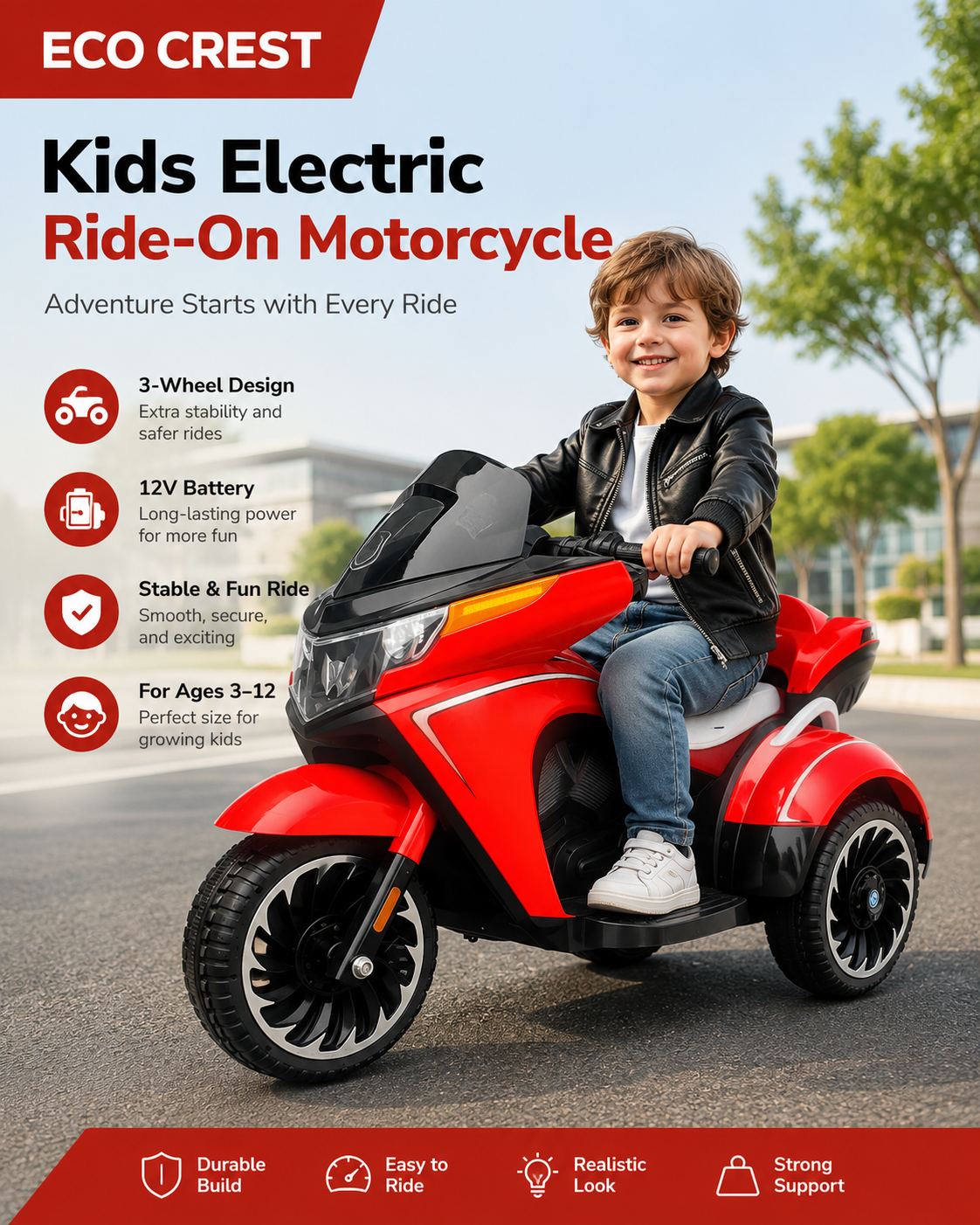 ECO CREST - 12V Electric Ride-On Motorcycle Tricycle for Kids Ages 3-12