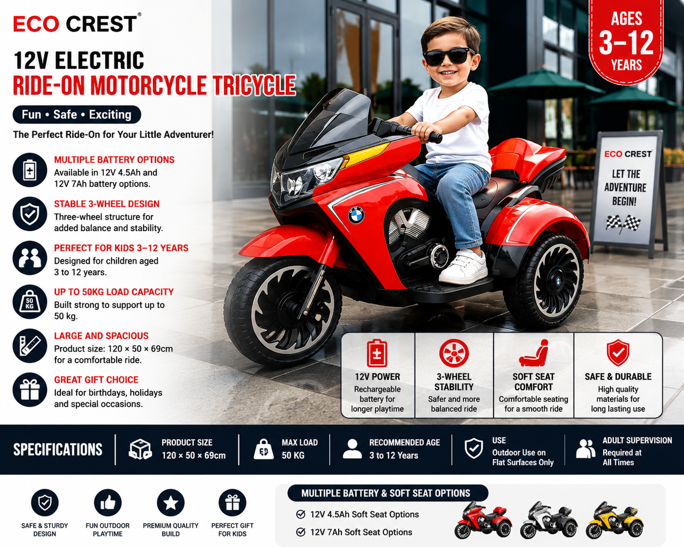 ECO CREST - 12V Electric Ride-On Motorcycle Tricycle for Kids Ages 3-12