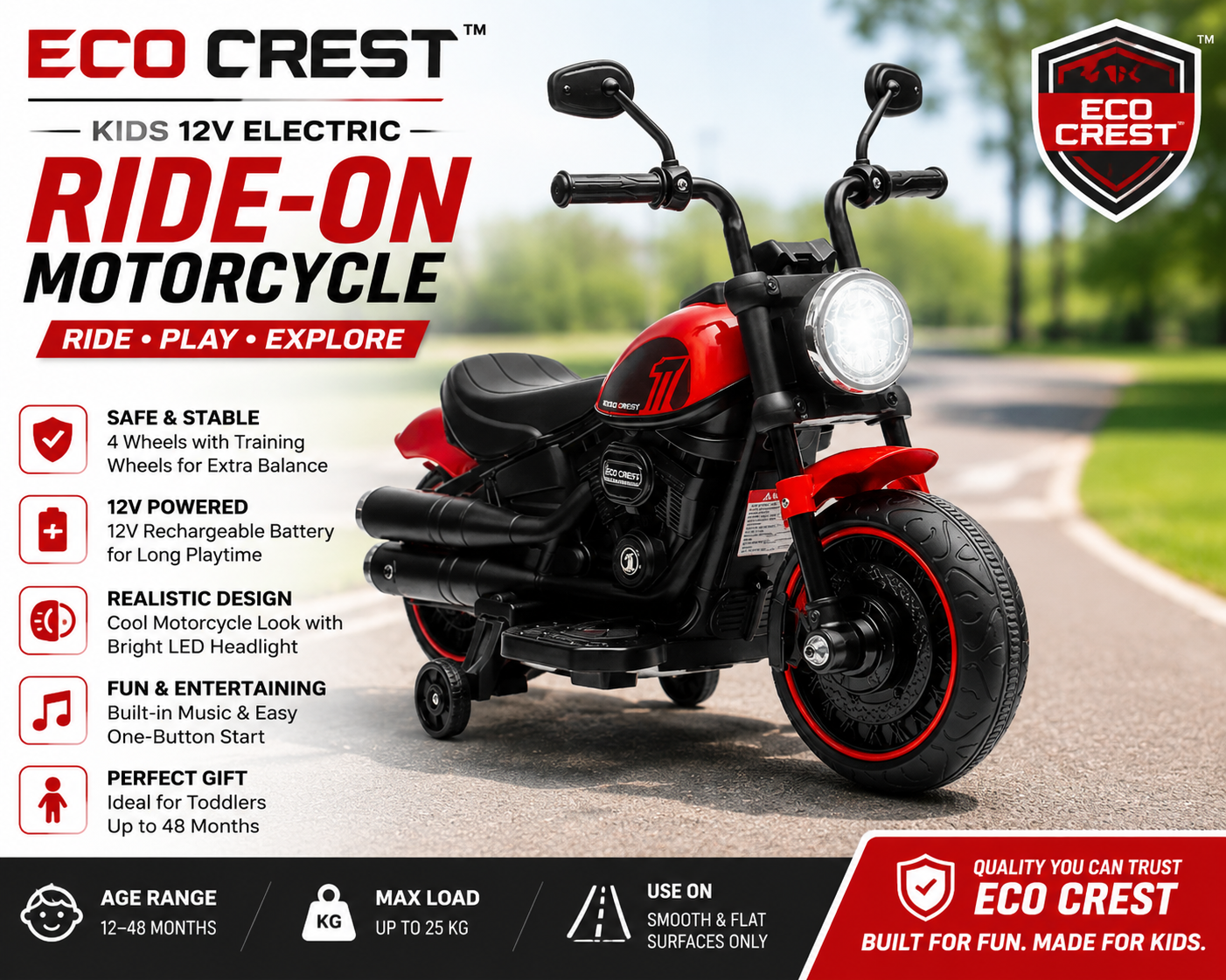 ECO CREST - Kids Electric Ride-On Motorcycle with Training Wheels