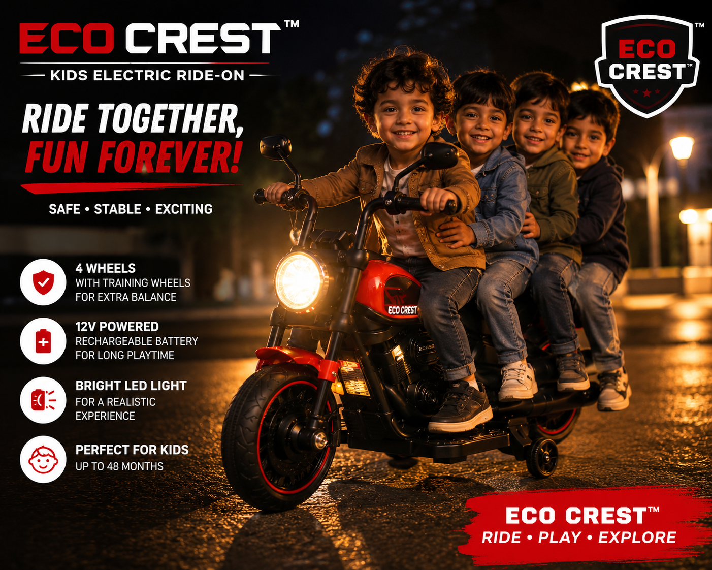 ECO CREST - Kids Electric Ride-On Motorcycle with Training Wheels